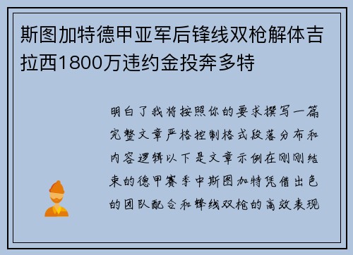 斯图加特德甲亚军后锋线双枪解体吉拉西1800万违约金投奔多特