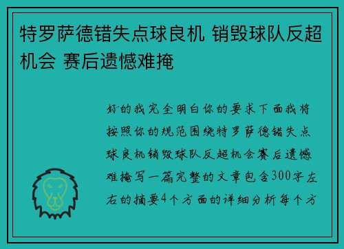 特罗萨德错失点球良机 销毁球队反超机会 赛后遗憾难掩
